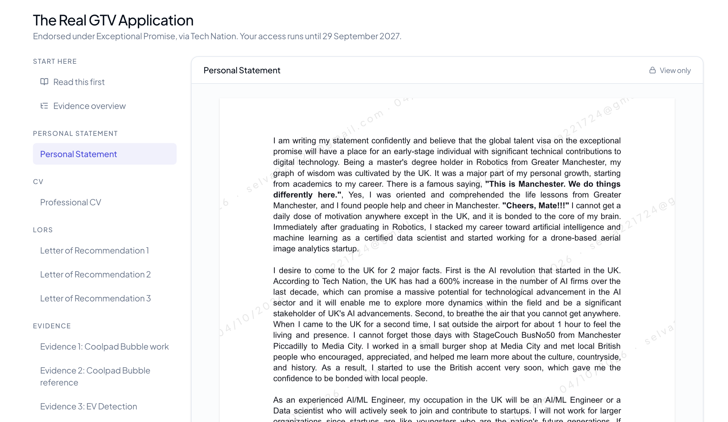 The Real GTV Application viewer with the personal statement open and a sidebar for the CV, recommendation letters and evidence documents.